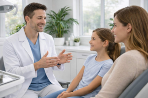 Friendly pediatric dentist explaining dental care to a young girl and her mother during a consultation in a modern dental clinic