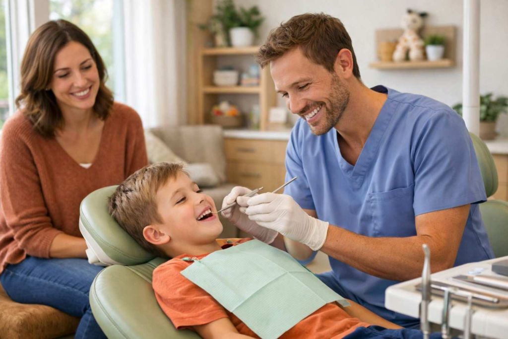 Pediatric dentist examining a young boy’s teeth while his mother watches during a routine dental checkup in a modern clinic