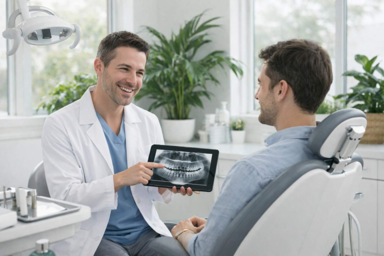 Dentist explaining dental X-ray results to patient during consultation at White Diamond Dental Colorado Springs