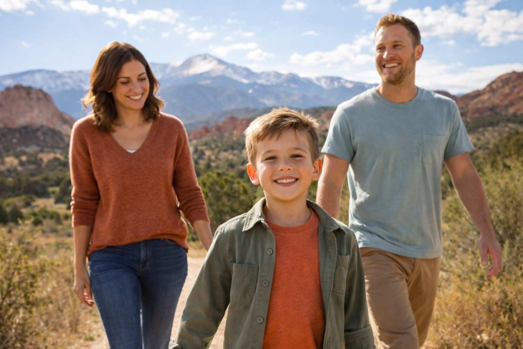 Happy family walking outdoors with healthy smiles representing family dental care and wellness