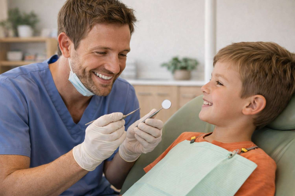 Pediatric dentist examining child’s teeth using dental mirror during kids dental checkup