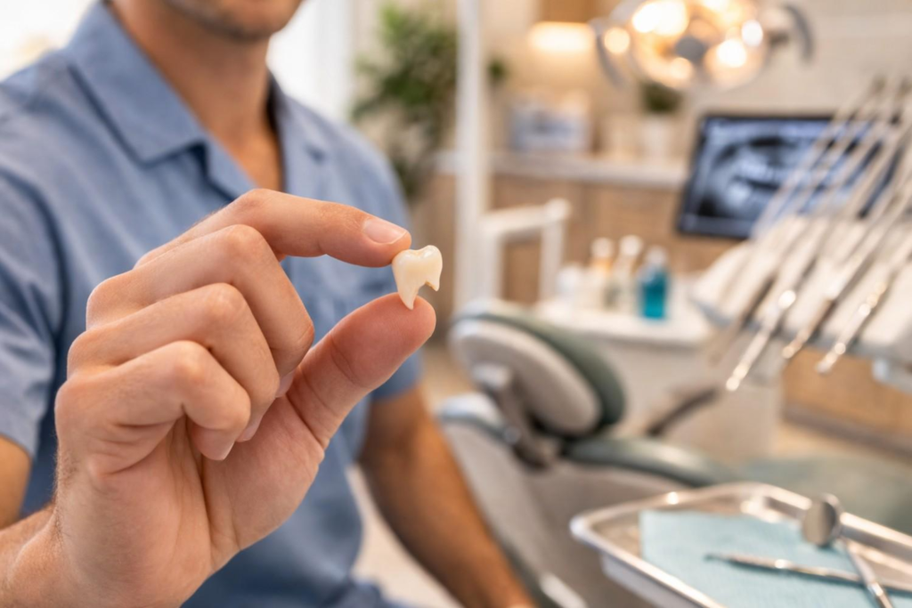 Dentist holding extracted tooth in dental clinic during tooth extraction treatment at White Diamond Dental Colorado Springs