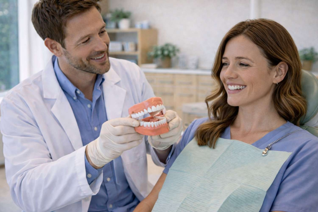 Dentist explaining dental treatment plan to patient using teeth model in dental clinic