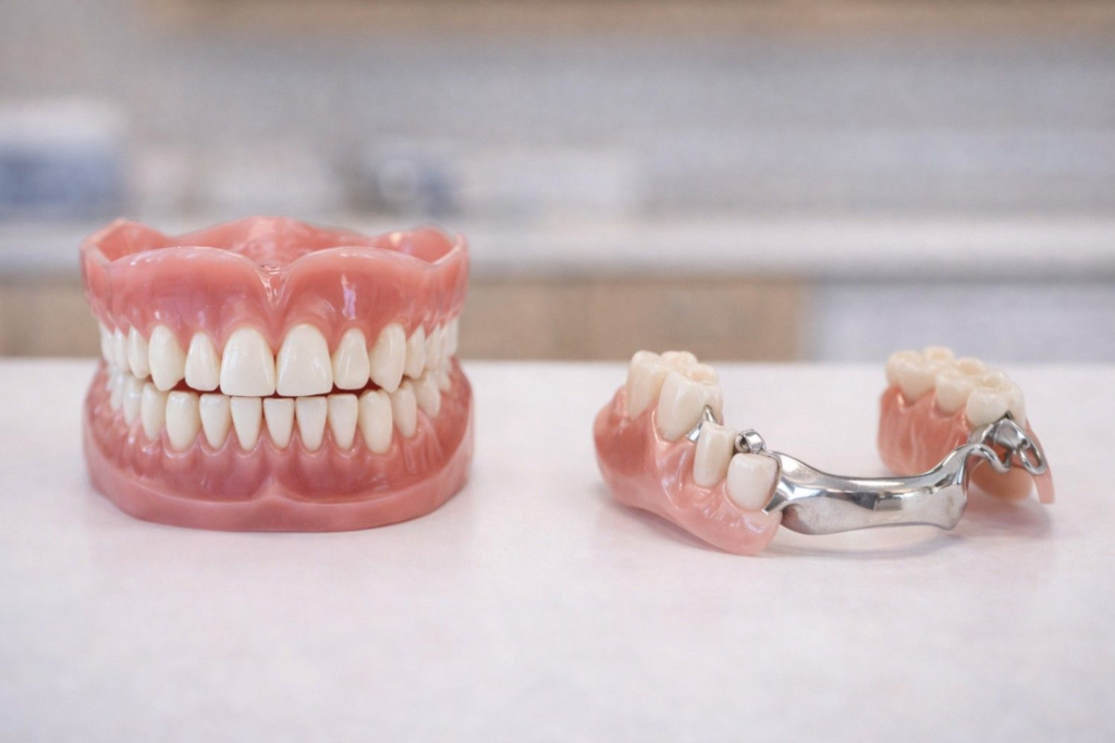 Dental bridge and full denture model demonstrating tooth replacement treatment at White Diamond Dental Colorado Springs