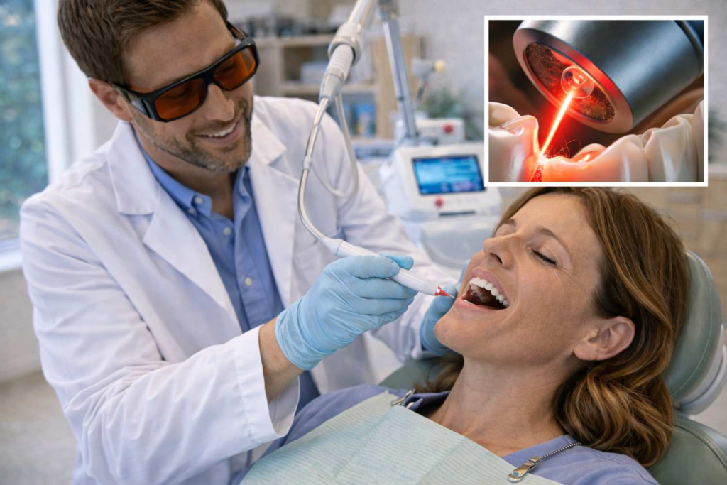 Dentist performing laser dentistry treatment on patient using advanced dental laser technology