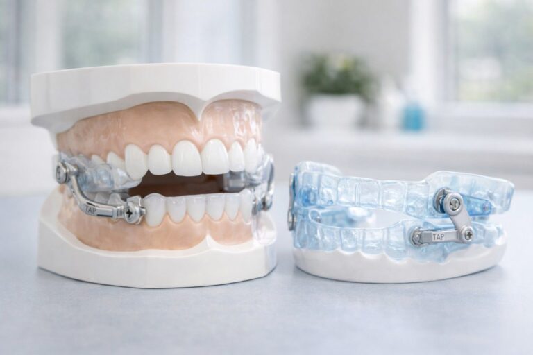 Custom oral appliance device used for sleep apnea treatment to keep the airway open during sleep.