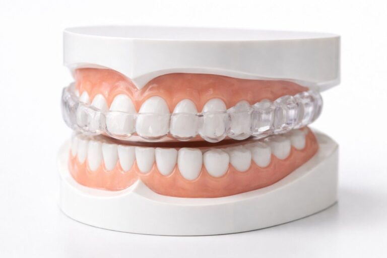 Dental model showing a custom oral appliance used for sleep apnea treatment to keep the airway open during sleep.