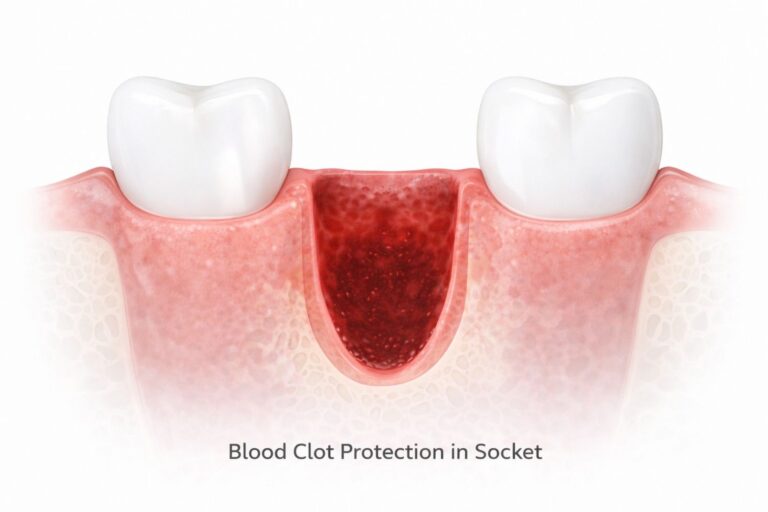 Blood clot formation after wisdom teeth extraction showing healing tooth socket in Colorado Springs dental care