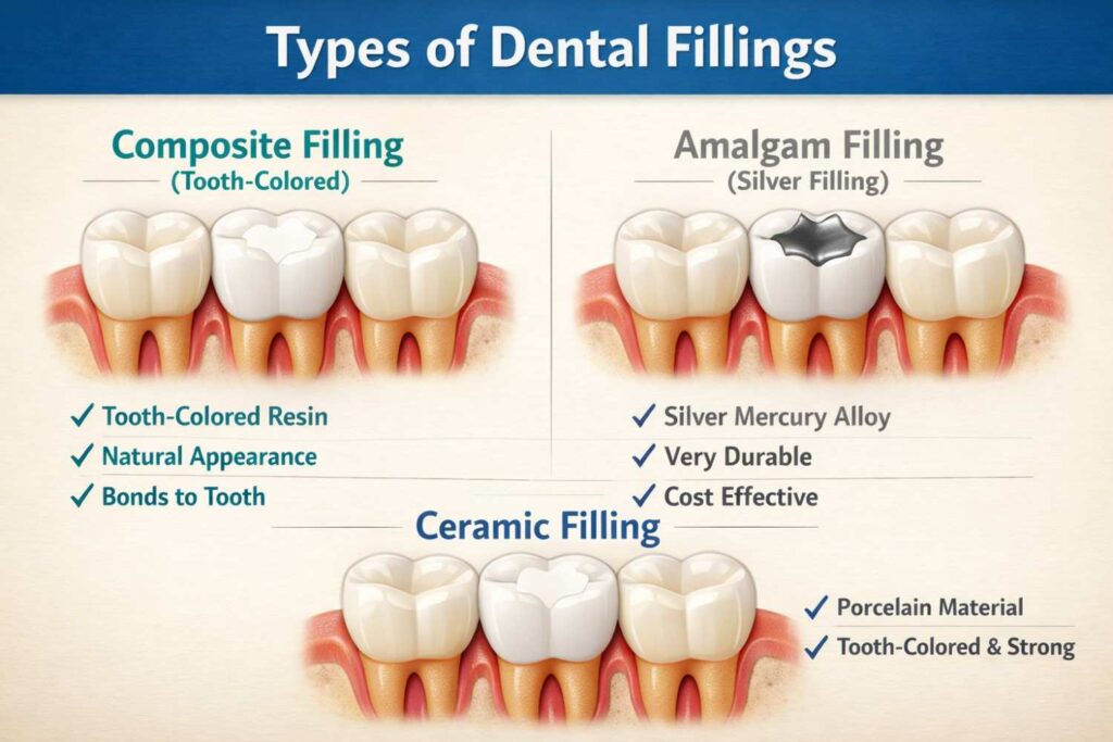 Types of dental fillings composite amalgam and ceramic tooth fillings comparison chart
