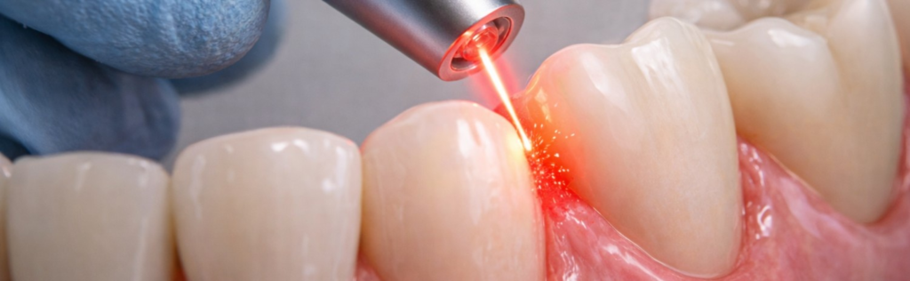 Dental laser being used to treat infected gum tissue around a tooth during laser periodontal therapy in a dental clinic in Colorado Springs.