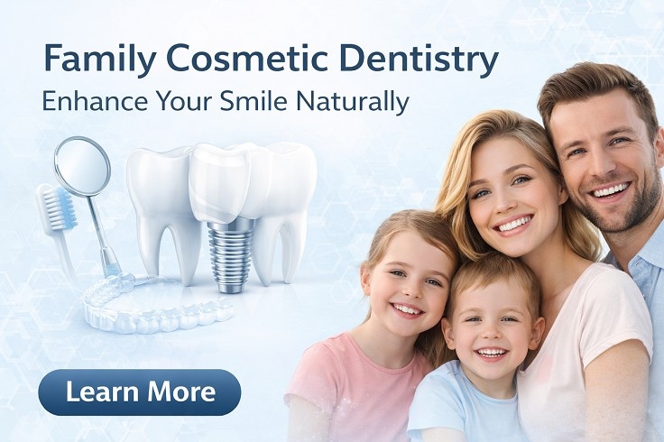 Family cosmetic dentistry services including dental implants and smile enhancement for healthy confident smiles
