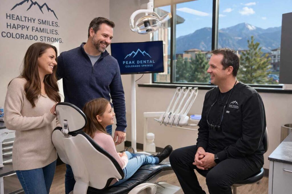 Family visiting a modern dental clinic in Colorado Springs, friendly dentist talking with parents and child in a clean dental office.