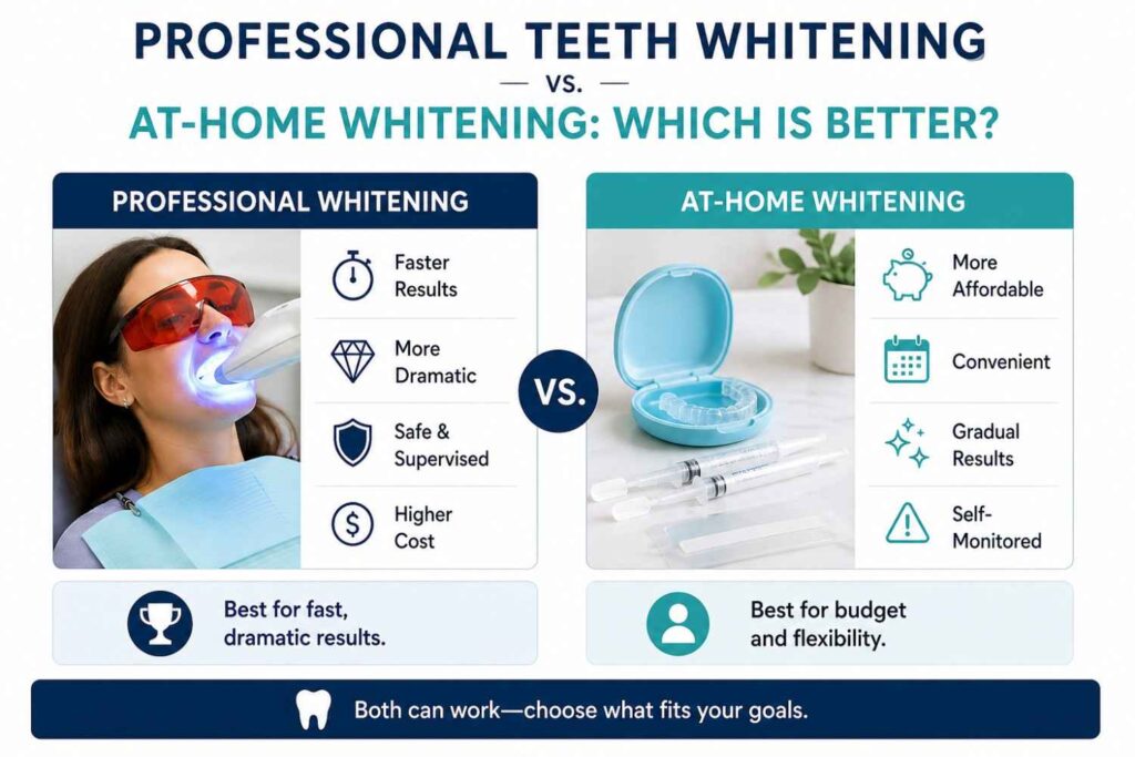 Alt Text: Infographic comparing professional teeth whitening and at-home whitening, showing faster results