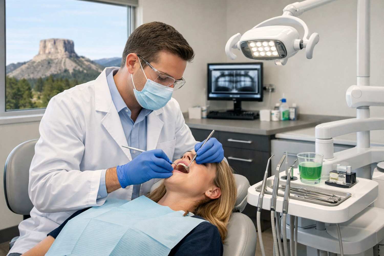 Dentist performing dental checkup and cleaning on a female patient in a modern clinic in Monument CO