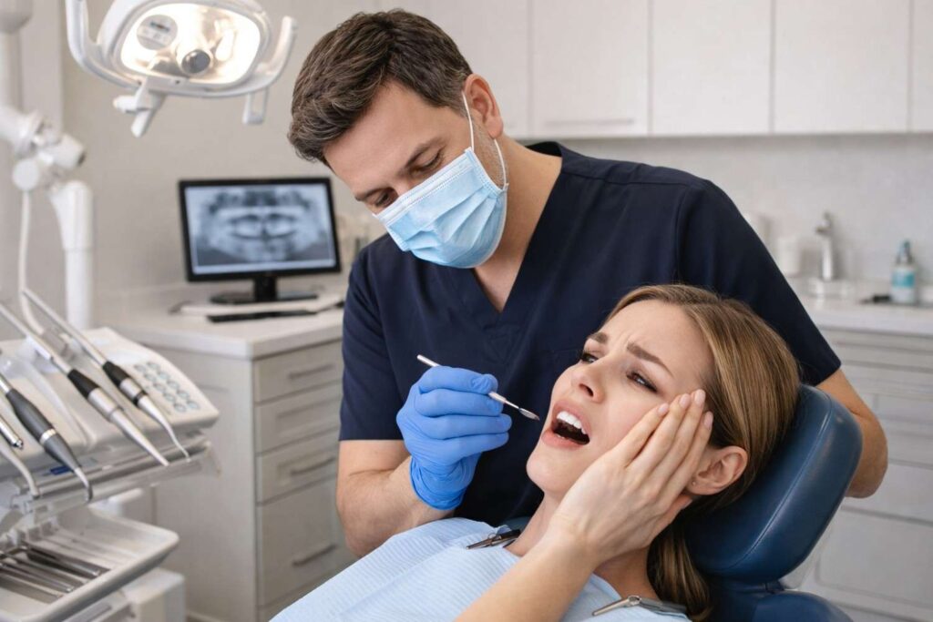 Emergency dentist treating patient with severe tooth pain in dental clinic at White Diamond Dental