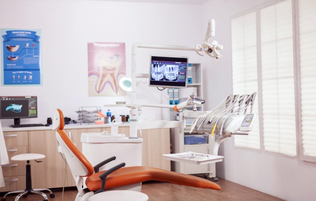 Modern dental clinic setup with dental chair and equipment for dental checkup and cleaning in Monument CO