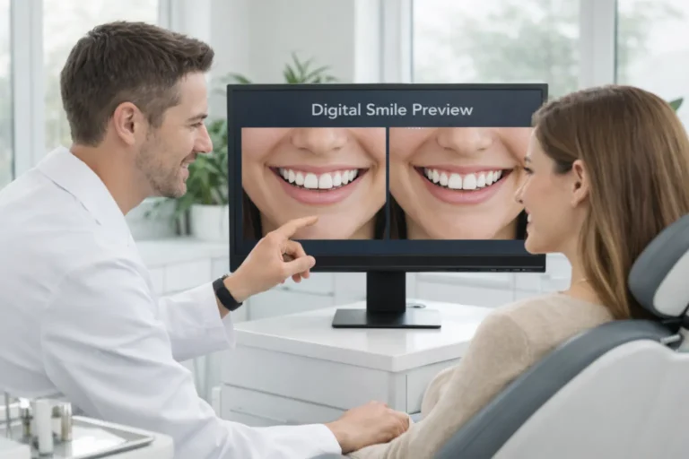 Dentist showing digital smile preview for aesthetic dental services and cosmetic treatment planning