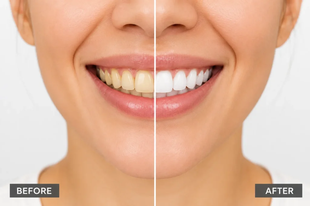 Before and after professional teeth whitening results