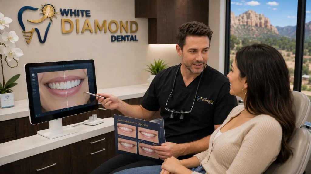 Patient discussing smile makeover options with cosmetic dentist in Monument CO