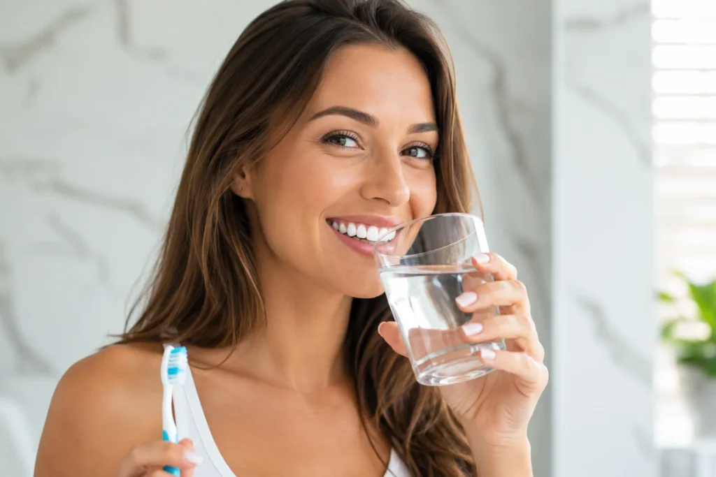 Woman maintaining bright white teeth after whitening treatment