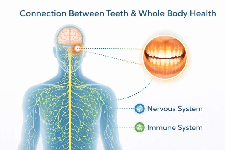 Illustration showing the connection between oral health, immune system, nervous system, and whole body wellness in biological dentistry