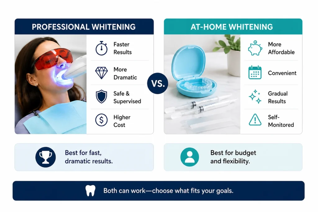 Alt Text: Infographic comparing professional teeth whitening and at-home whitening, showing faster results