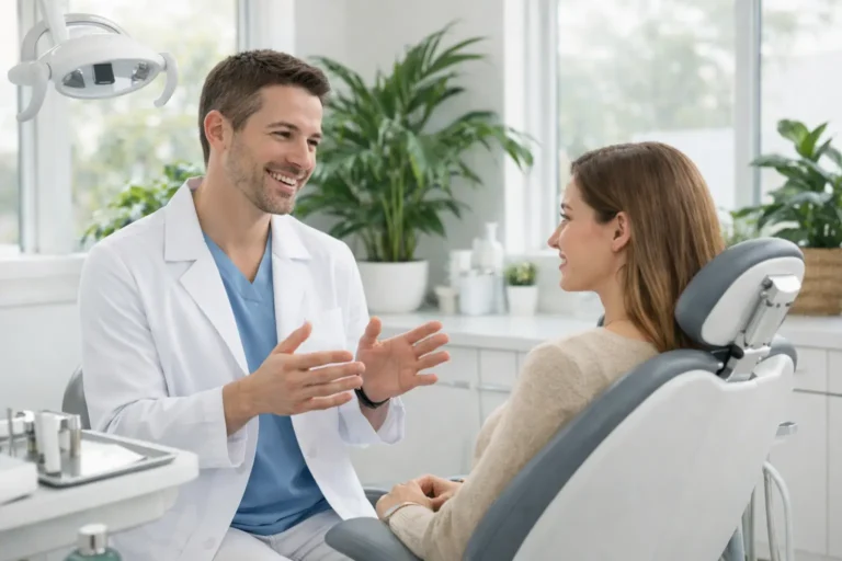 Dentist discussing cosmetic dentistry treatment options with a patient during a smile consultation